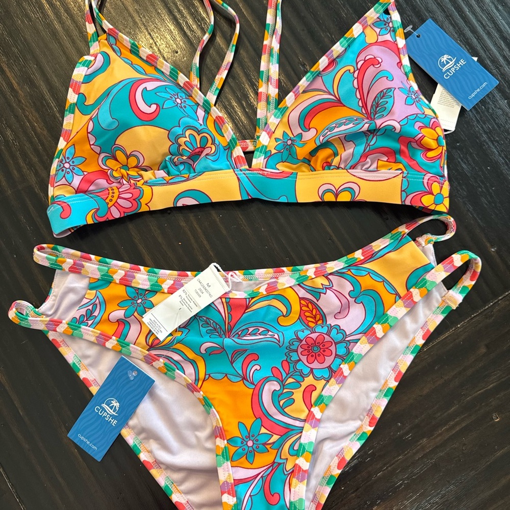 Cupshe Vibrant Floral Paisley Triangle Bikini - Turquoise, Yellow, Pink